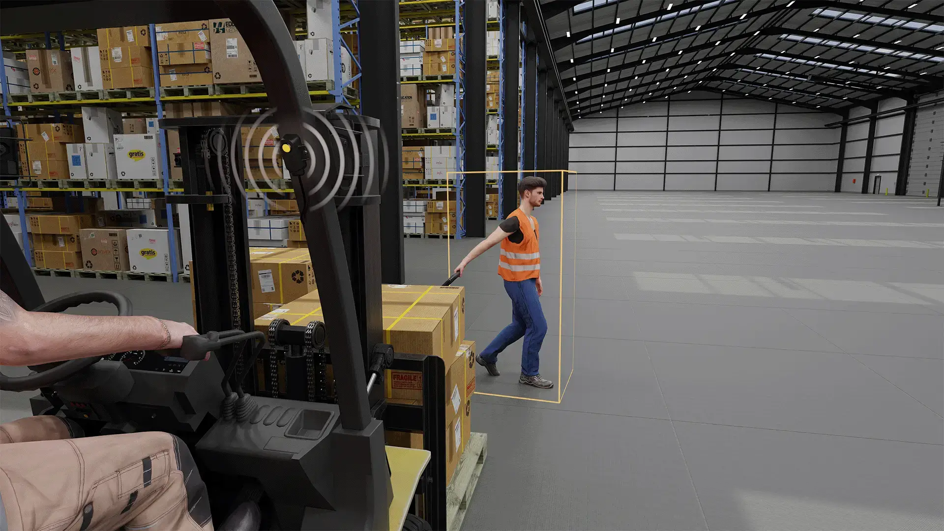 a forkift detecting a pedestrian in proximity