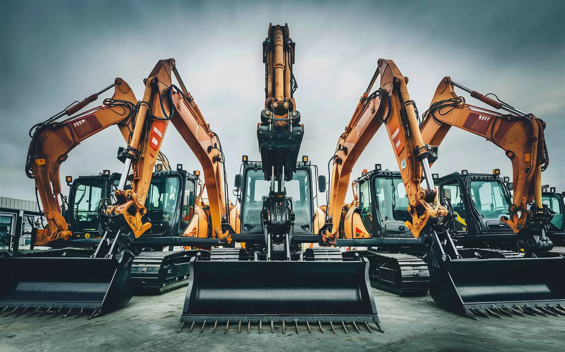 Licensed Save to Library Preview Crop Find Similar FILE #: 831608279 Row of heavy-duty excavators with large buckets lined up in construction yard. Machines are orange and black, cloudy sky in background.