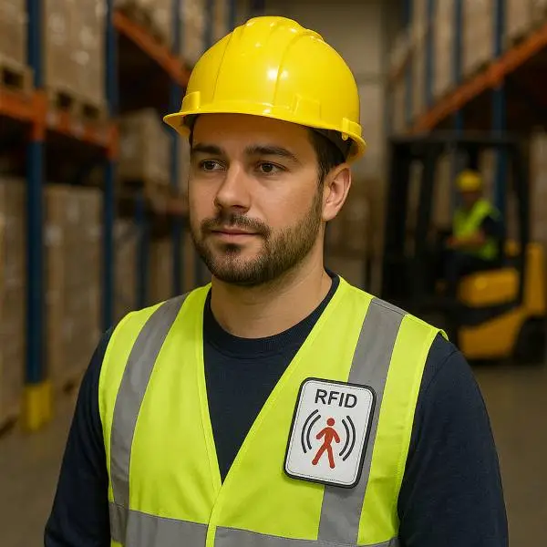 pedestrian wearing RFID tag in warehouse
