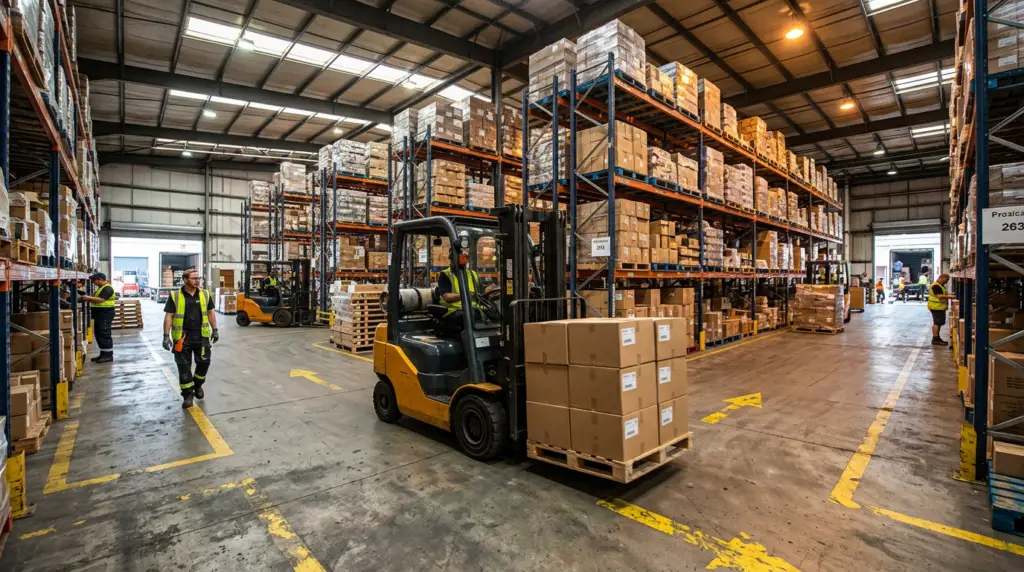 Forklift with a load navigating warehouse