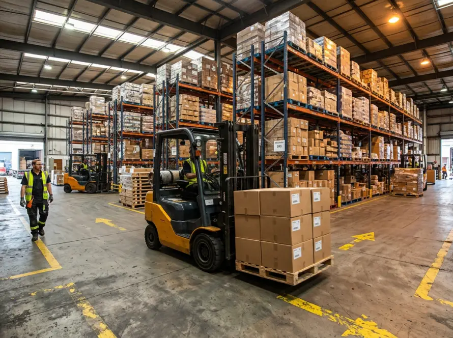Forklift with a load navigating warehouse