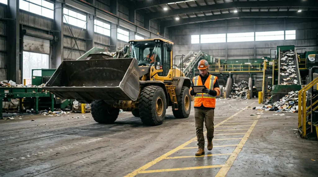Excavator in a waste & recycling plant