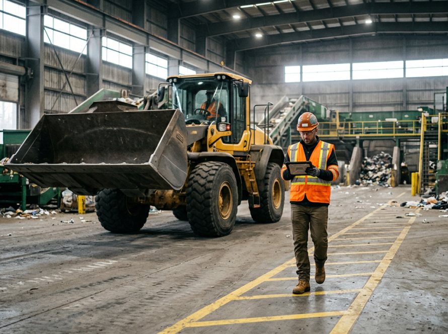 Excavator in a waste & recycling plant