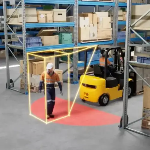 forklift using AI proximity detection to alert to pedestrian in a warehouse